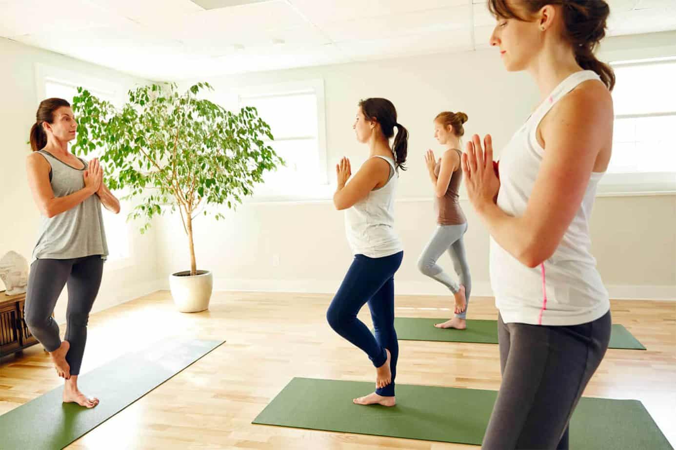Women recovering from drug and alcohol addiction taking a yoga class at Mountainside rehab center