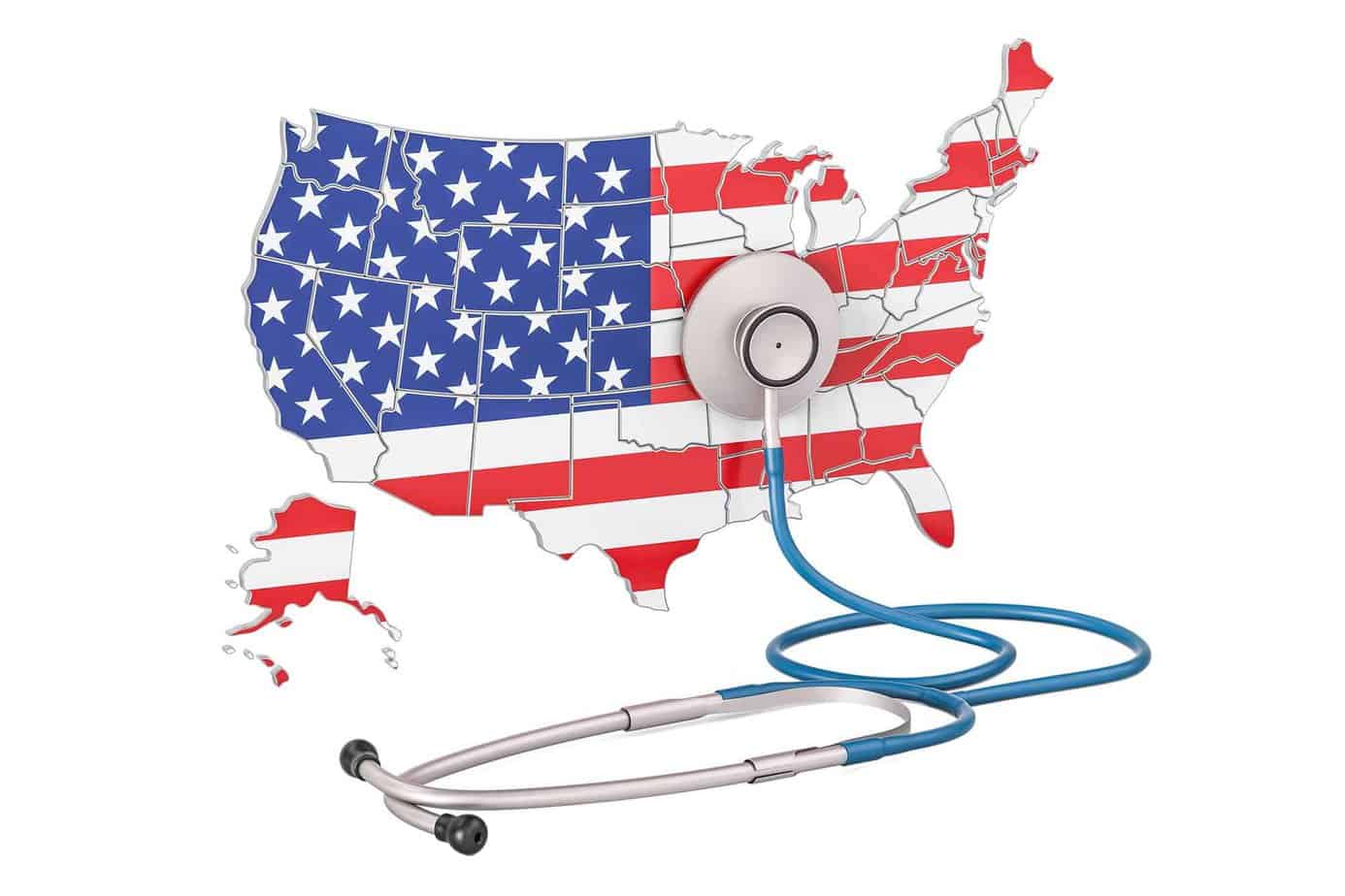 American flag over map of United States with doctor stethoscope on map
