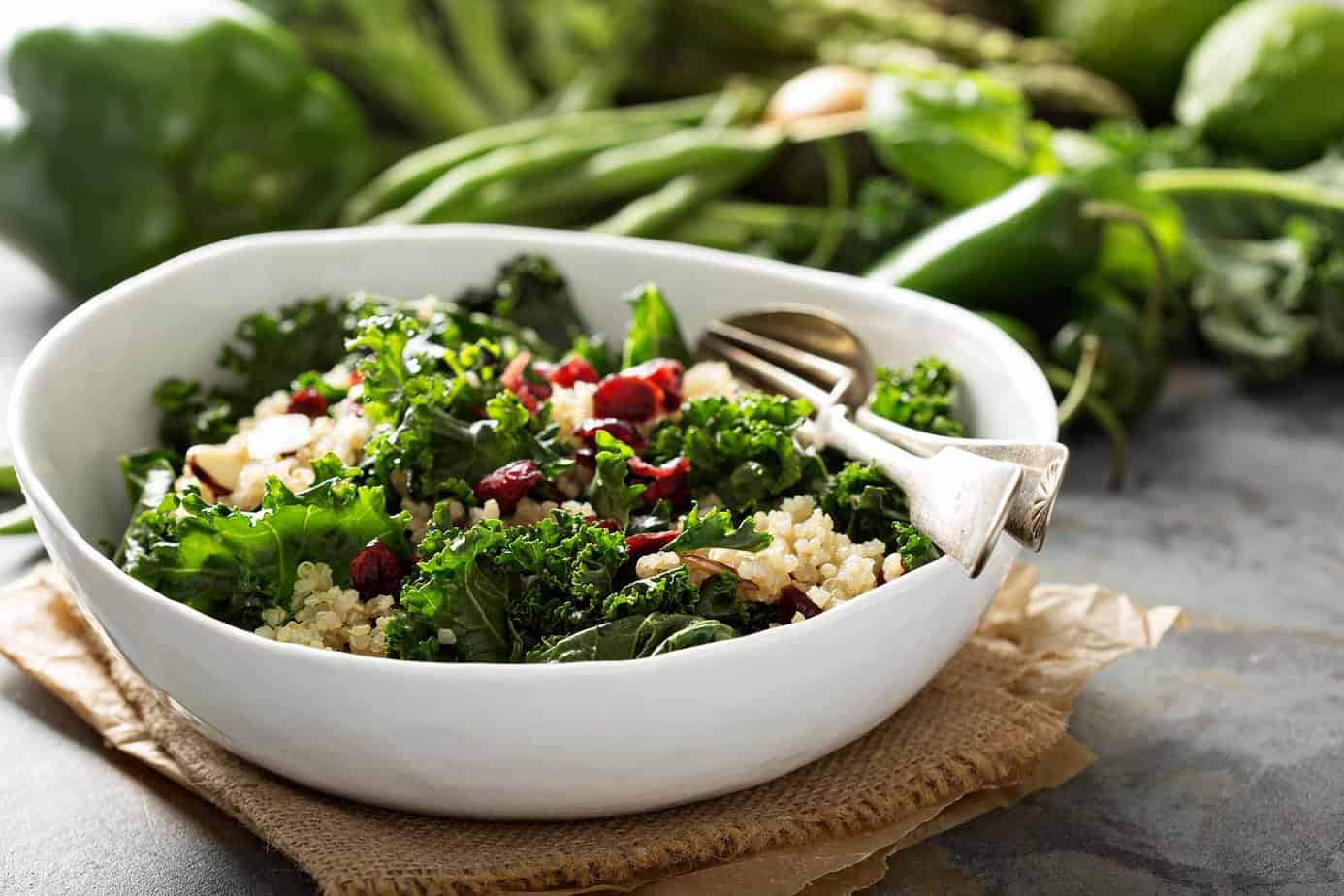 Veggie bowl with brown rice, kale, and cranberries with fork, spoon, and green vegetables in the background