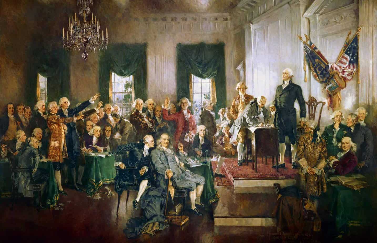 oil painting of founding fathers signing the constitution