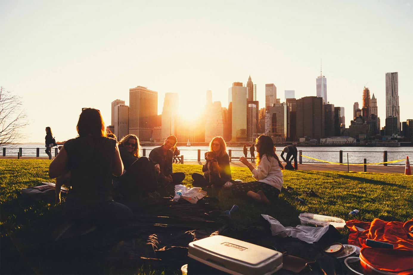 group of women enjoying a summer picnic with a dog by new york city nyc skyline during sunset