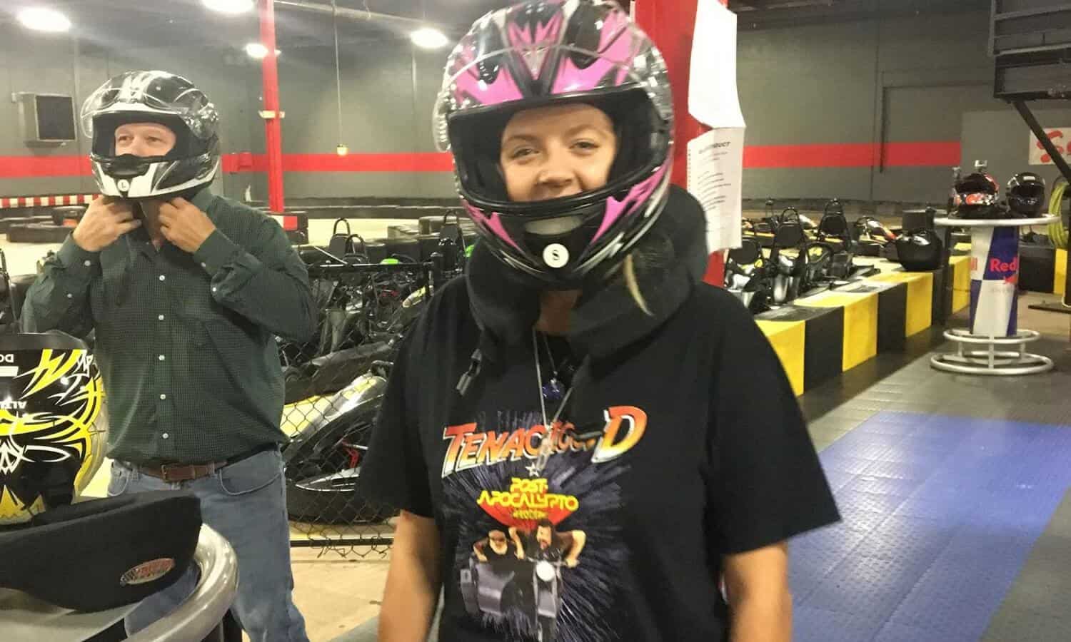 Kendall in helmet at Mountainside Treatment Center Alumni Go Kart Racing Event