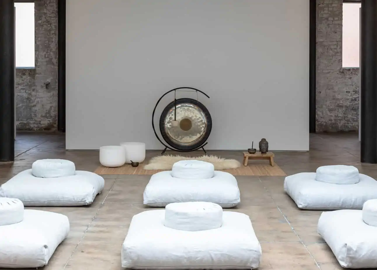 Meditation space with gong and pillows at the Mountainside Recovery Hub in New York City.
