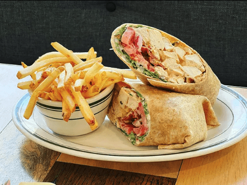 A delicious chicken wrap with french fried at Mountainside cafe in Connecticut.