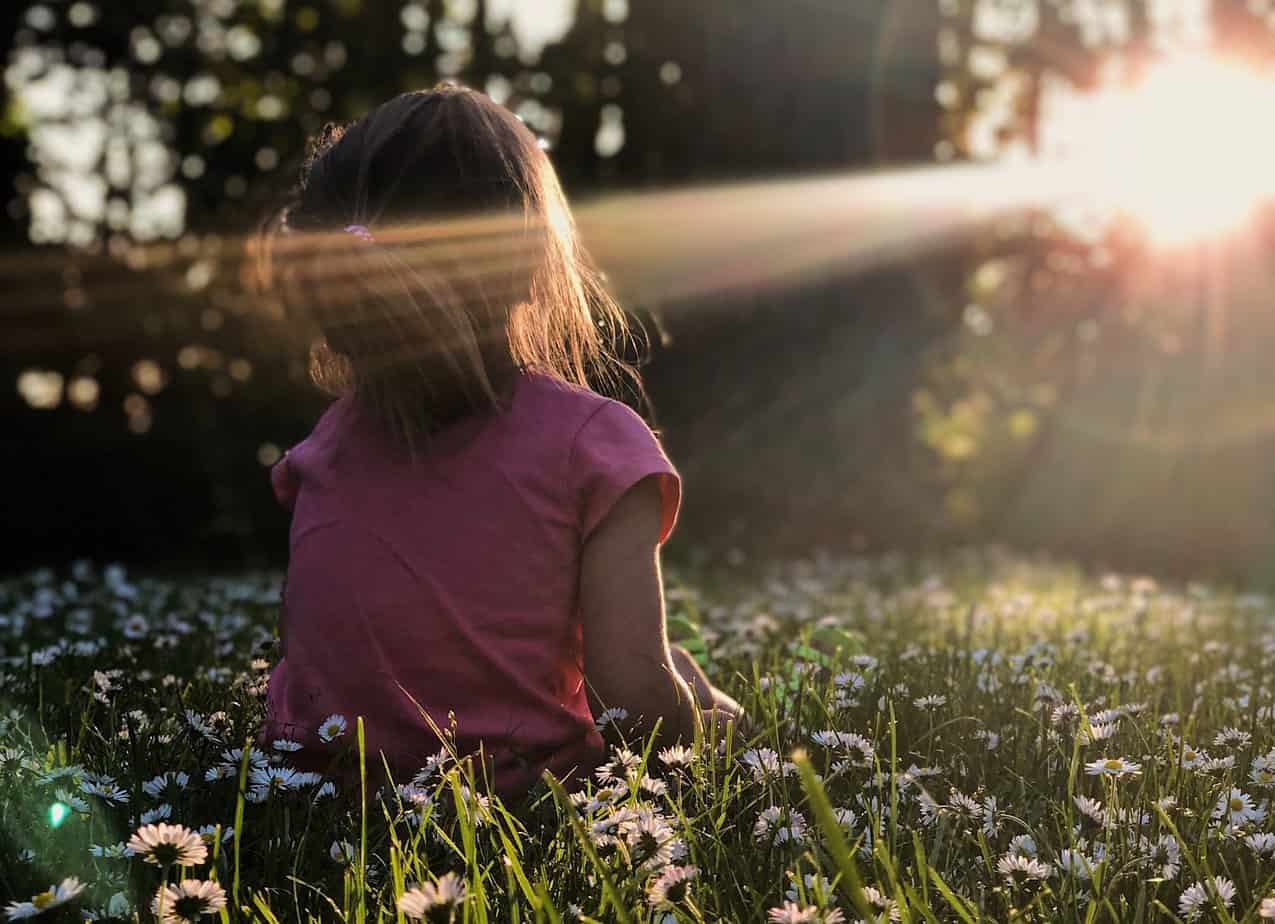 A child sits alone in a forest, a field of flowers, in the sun, self-regulating by herself.